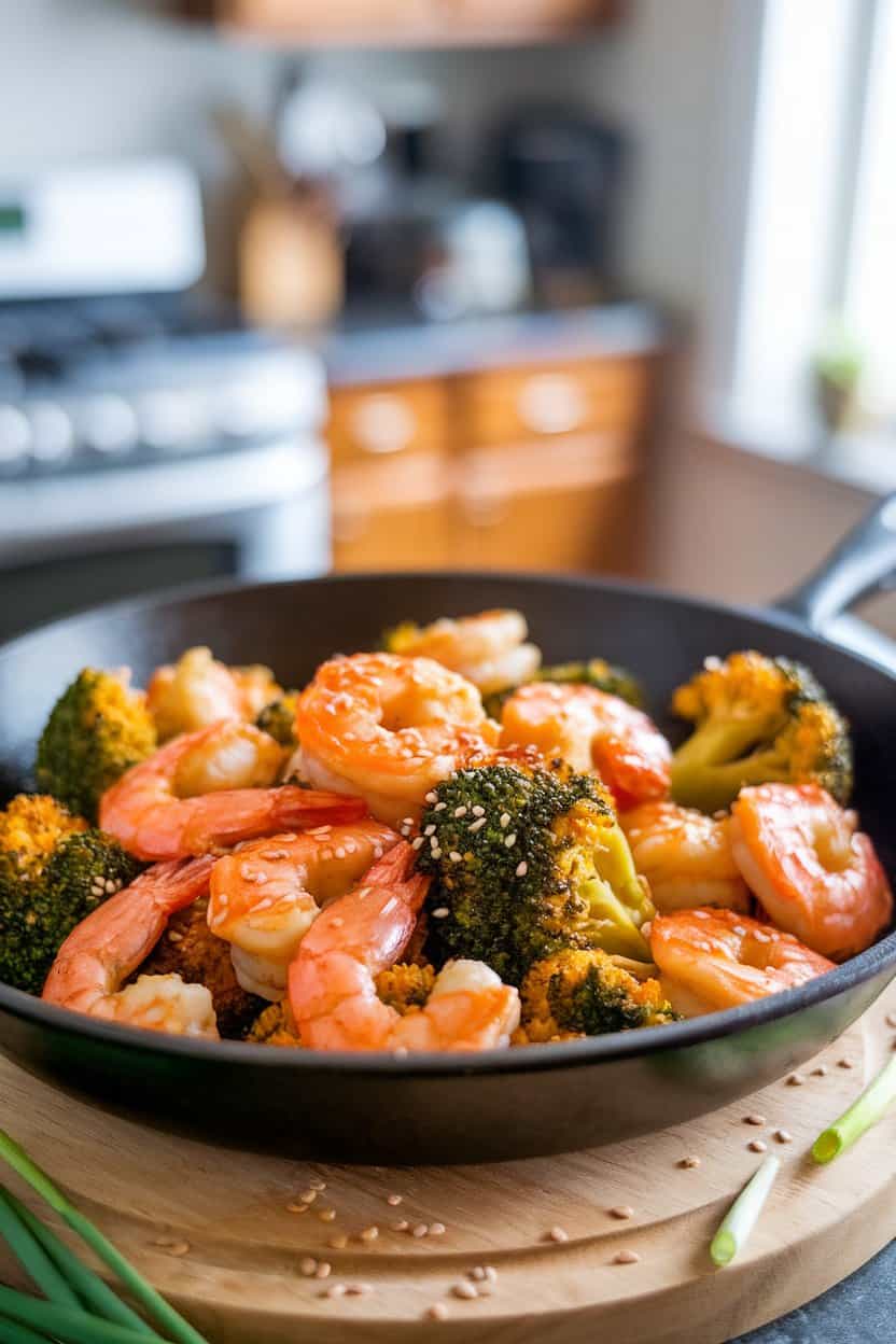 Indoor skillet with shrimp and broccoli coated in glossy orange-sesame sauce, sesame seeds sprinkled. No text or logos present.