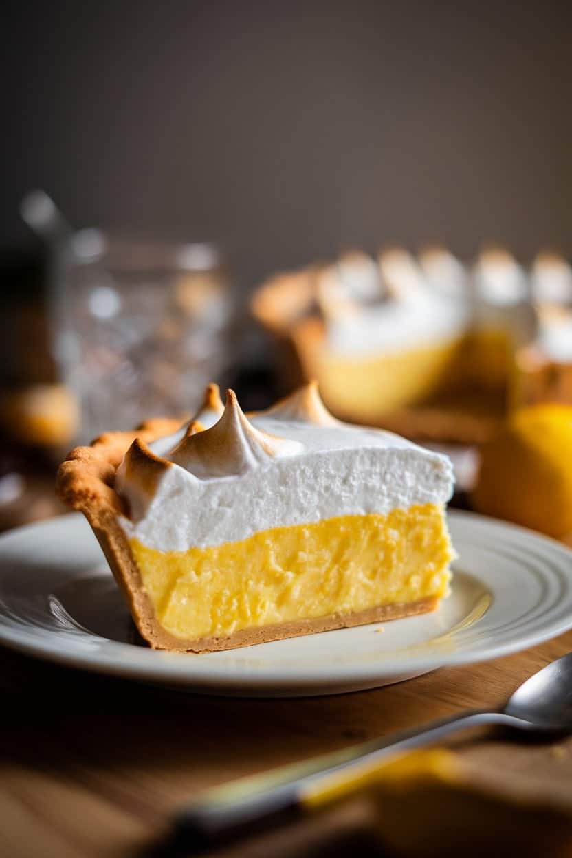 Indoor photo of a slice of lemon meringue pie on a white plate, fluffy golden-tipped meringue perched over bright yellow filling and a crisp crust. Soft side lighting, no text or logos.