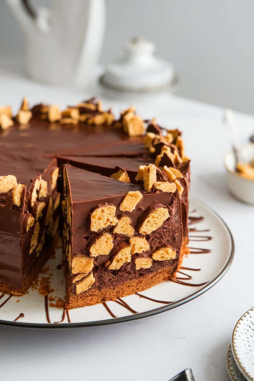 Indoor cake platter holding a sliced chocolate biscuit cake, cross-section revealing biscuit chunks suspended in chocolate, glossy ganache topping. No text or logos present. Photo.