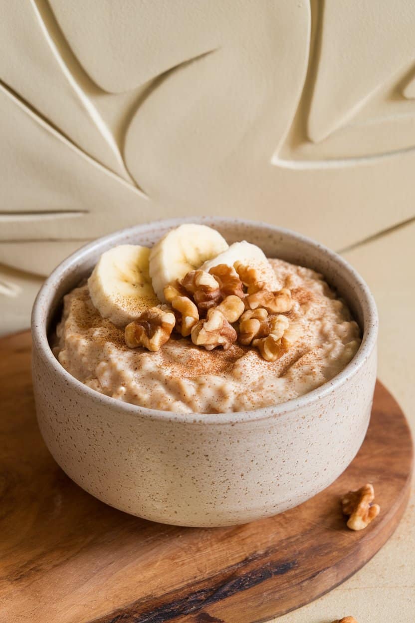 Indoor photo of a ceramic bowl filled with cinnamon-speckled oats, banana slices arranged on top, and a dusting of crushed walnuts; no text or logos.