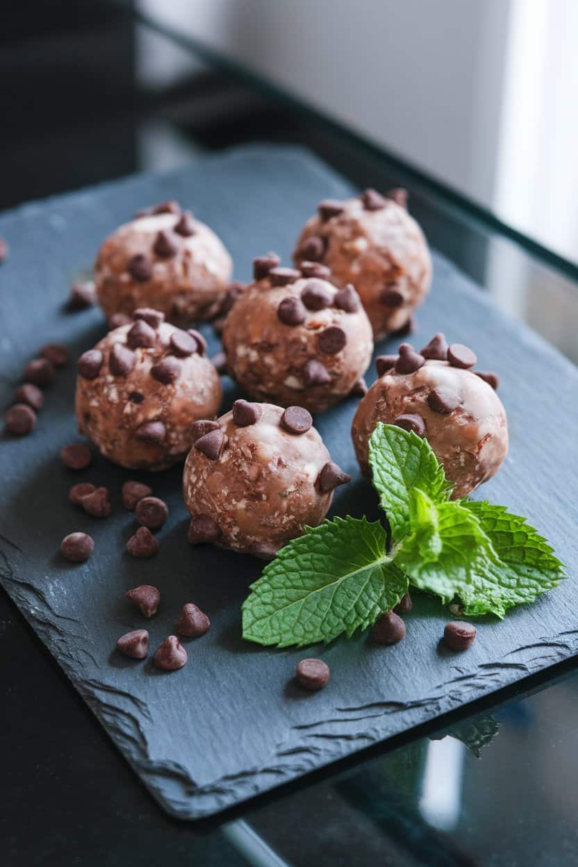 Indoor setting with chocolate protein balls flecked with mini dark chocolate chips and a sprig of fresh mint nearby, presented on a cool slate board. No text or logos. Photo only.