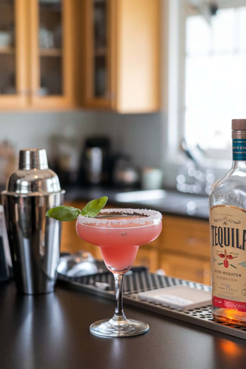 Indoor kitchen bar with a rocks glass of pink Margarita, basil leaf tucked alongside salted rim; photo, no text or logos.