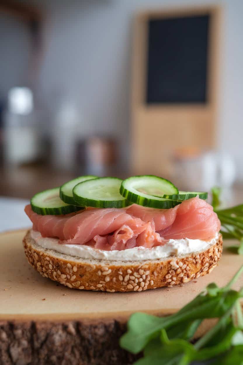 Indoor photo of an open-faced whole-grain bagel topped with cooked smoked trout, cucumber ribbons, and a smear of light cream cheese; no text or logos