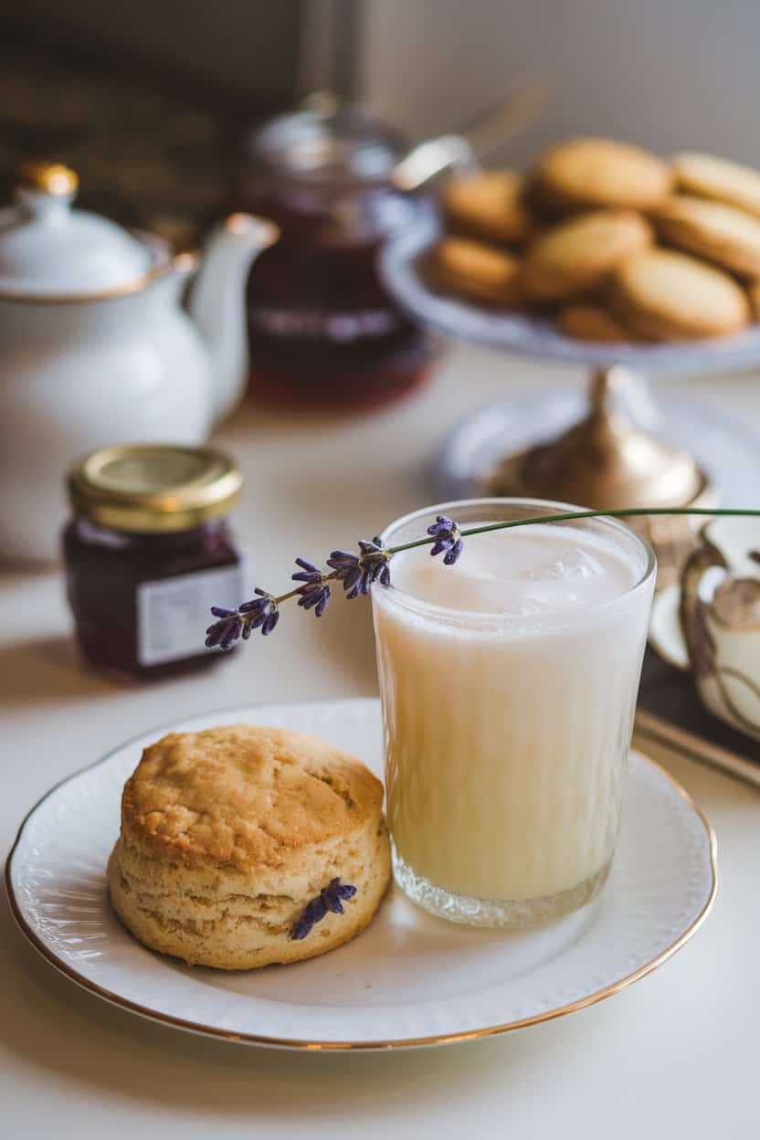 Indoor afternoon tea setting with a coupe of pale yellow mocktail, small lavender sprig resting on surface; photo, no text or logos.