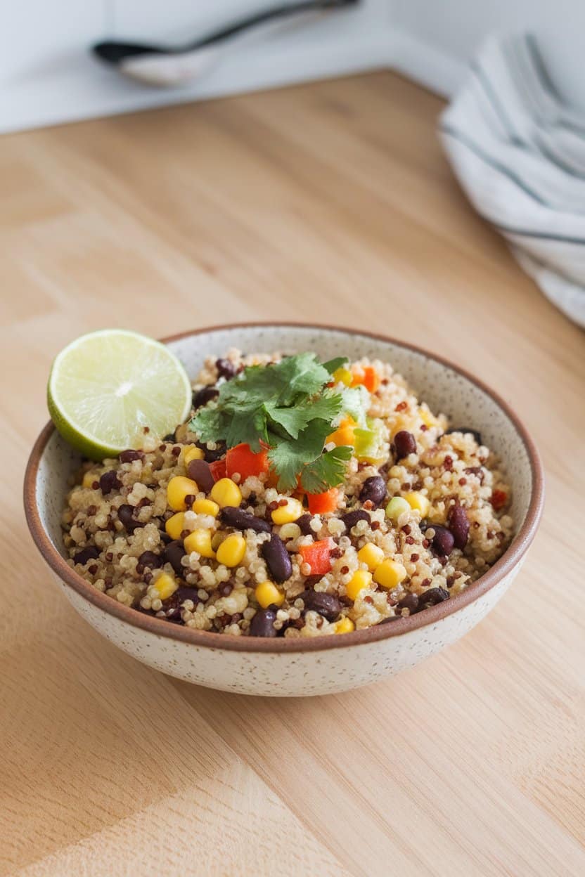 An indoor countertop scene with a bowl of cooked quinoa mixed with black beans, corn, diced bell pepper, and fresh cilantro, lime wedge on edge. No text or logos.