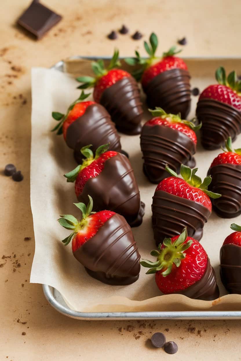 Indoor dessert tray displaying ripe strawberries partially coated in glossy dark chocolate, set on parchment paper. Photo, no text or logos.