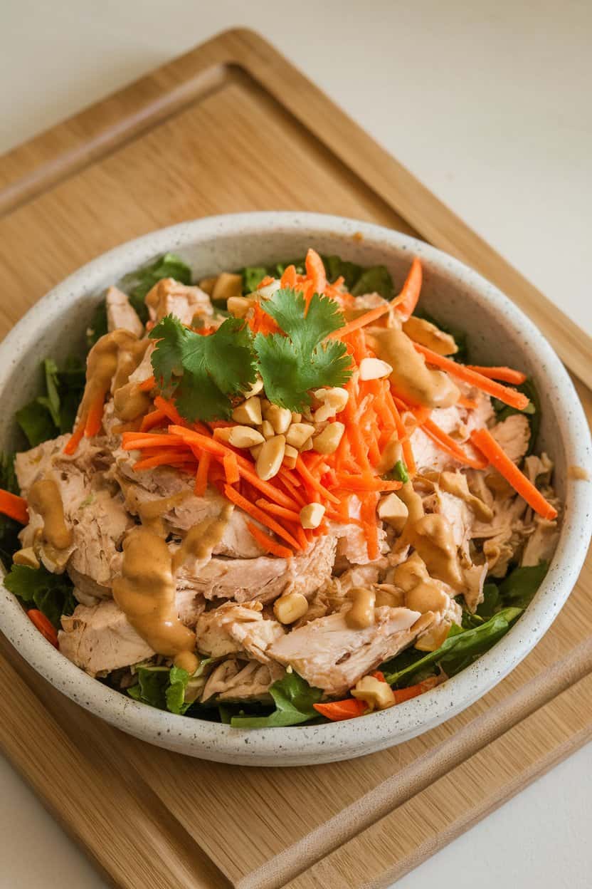 Indoor photo of chicken salad dressed in peanut sauce, garnished with shredded carrots, chopped peanuts, and cilantro, presented in a stoneware bowl—no text or logos