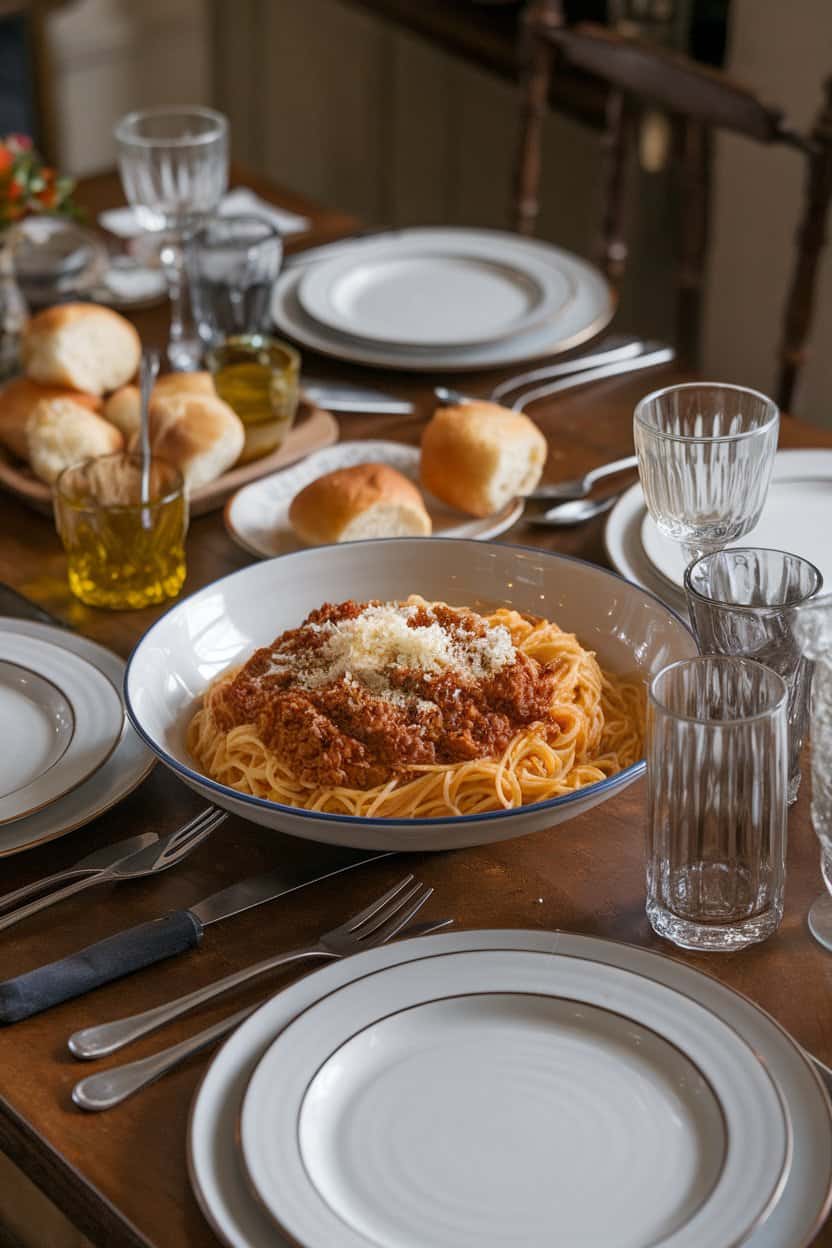 An indoor Italian family-style table with a serving bowl of spaghetti coated in rich beef Bolognese, Parmesan grated on top. No text or logos.