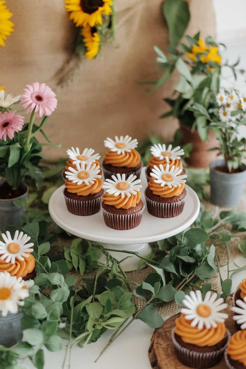 An indoor garden-party table displaying caramel cupcakes topped with salted caramel frosting and fondant daisy petals. No text or logos.