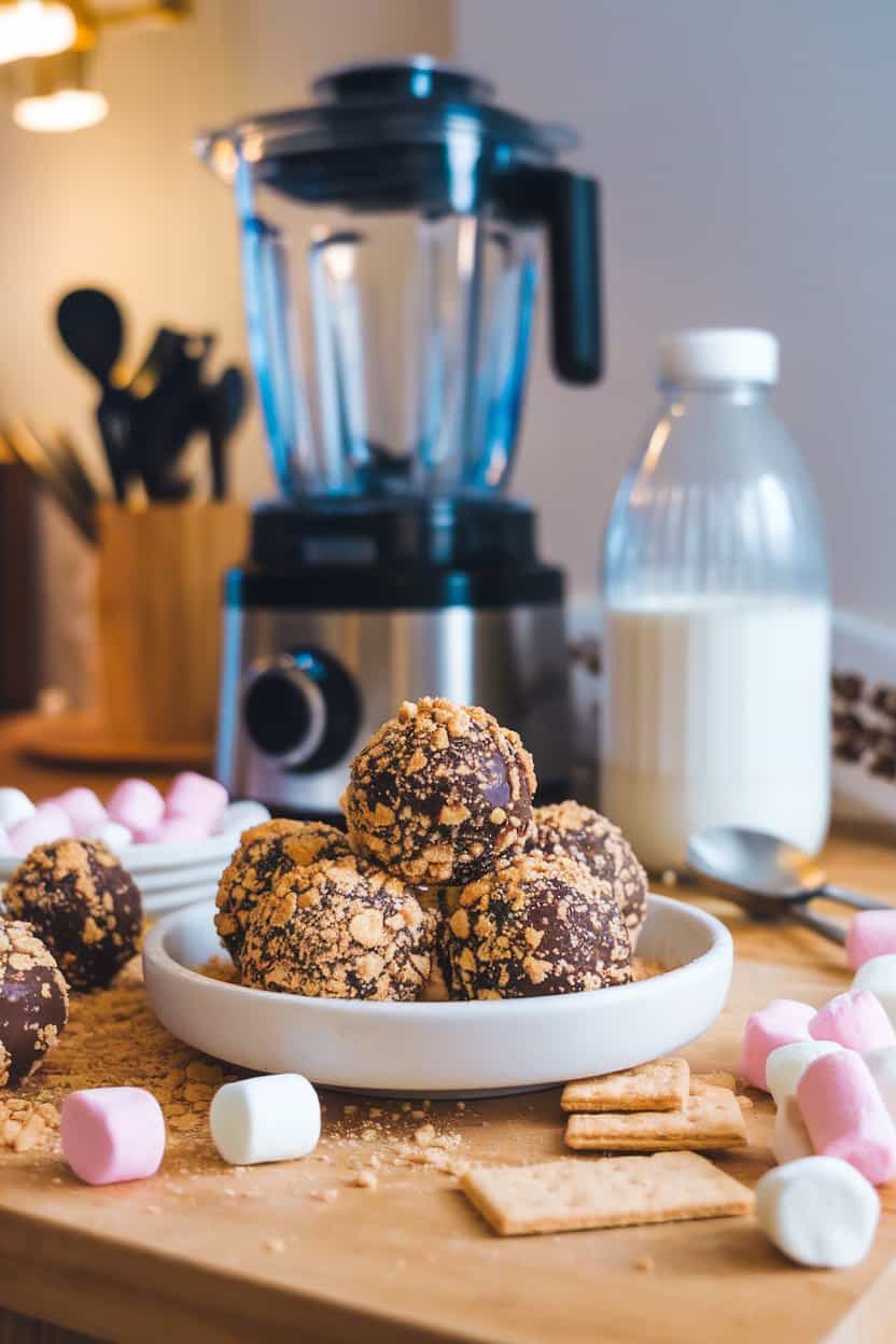 Indoor kitchen counter with chocolate protein balls rolled in crushed graham crackers, mini marshmallows nearby. No text or logos. Photo only.