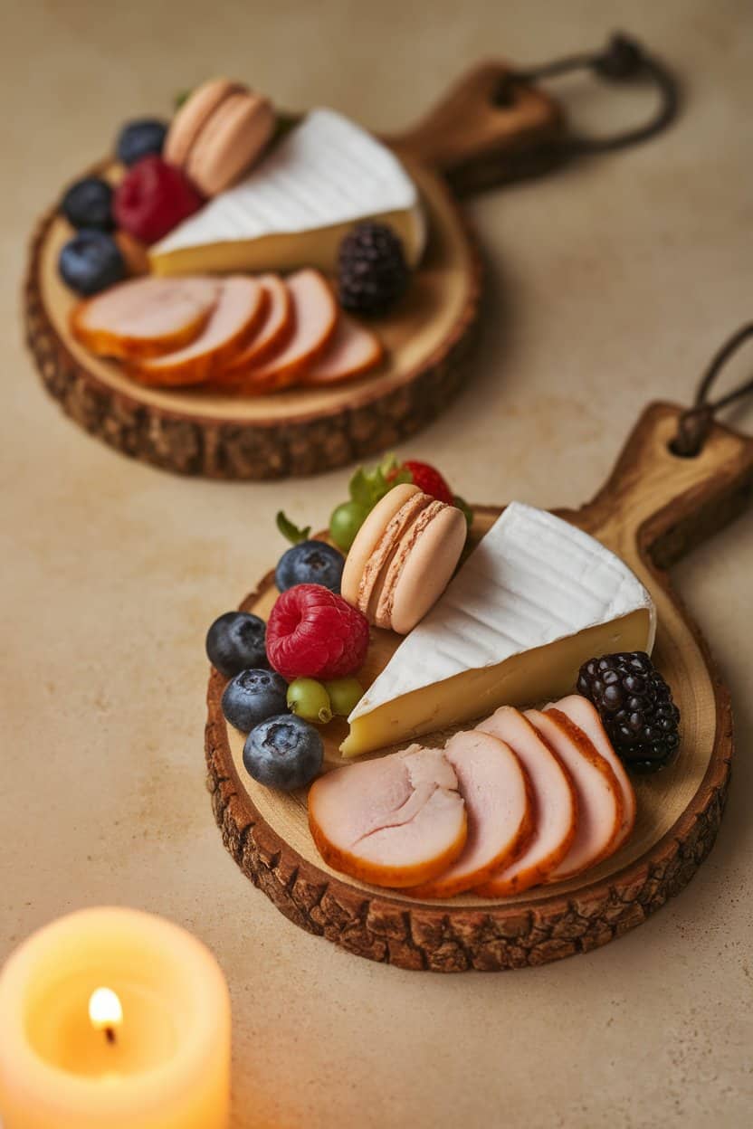 Indoor photo of two small individual boards each with brie wedge, sliced cooked turkey, berries, and a single macaron; candlelight ambiance, no text or logos