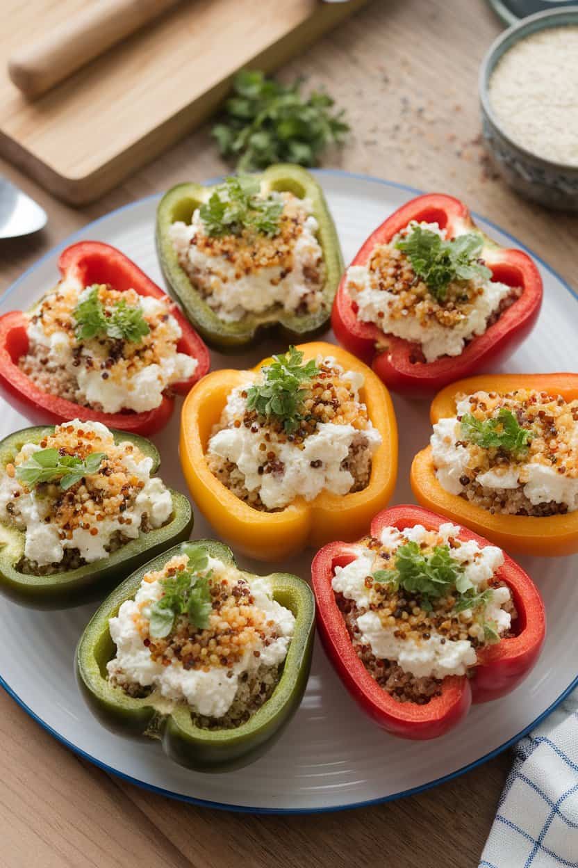Indoor photo of halved bell peppers filled with cottage cheese, herbs, and quinoa, baked until tops are lightly golden; no text or logos
