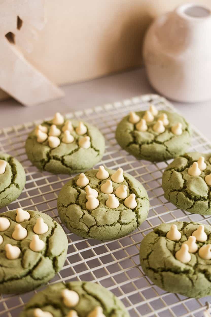 Indoor photo of pale green vegan matcha cookies studded with white chocolate chips on a cooling rack, no text or logos