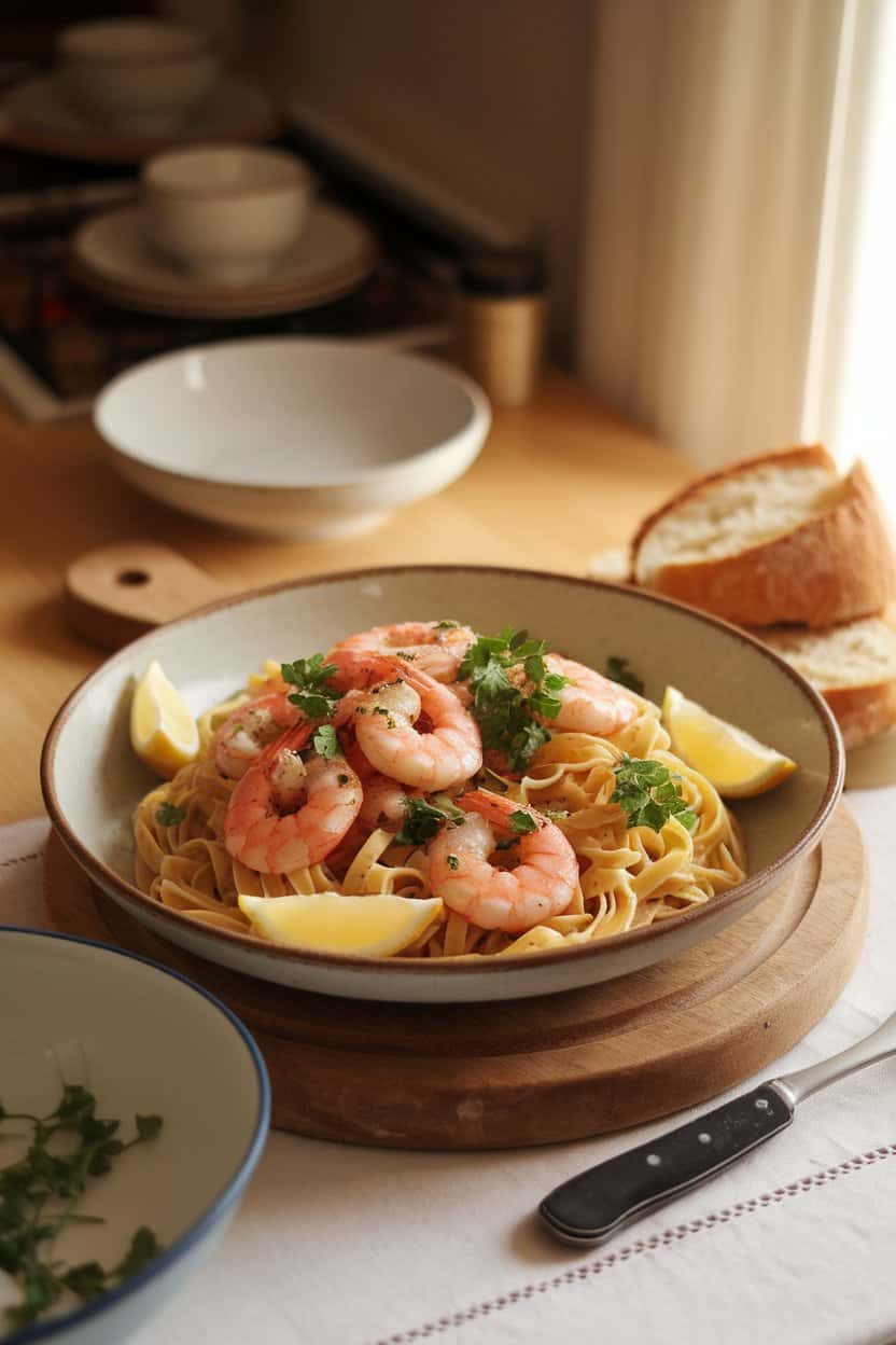 Photo of a warmly lit indoor kitchen table featuring a shallow bowl of cooked linguine tossed with pink garlic-sautéed shrimp, parsley, and lemon wedges. Steam rises gently; no text or logos visible.