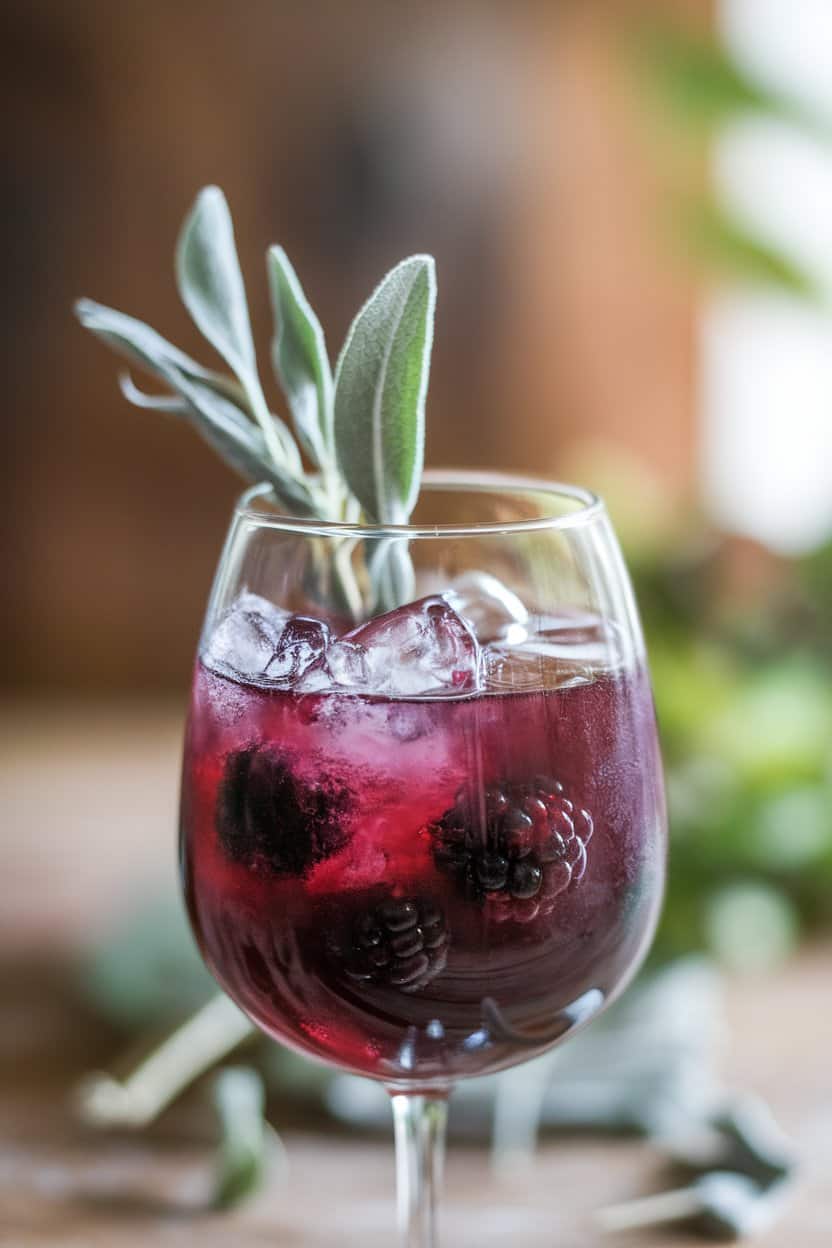 Indoor shot of a stemless wine glass containing deep purple blackberry mocktail, wisps of sage leaves poking from the top, crushed ice glistening under soft light. No visible text or logos. Photo only.