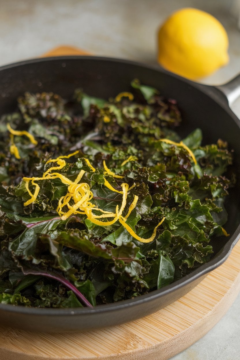Indoor photo of a skillet filled with wilted kale and chard glistening with olive oil and lemon zest; no text or logos