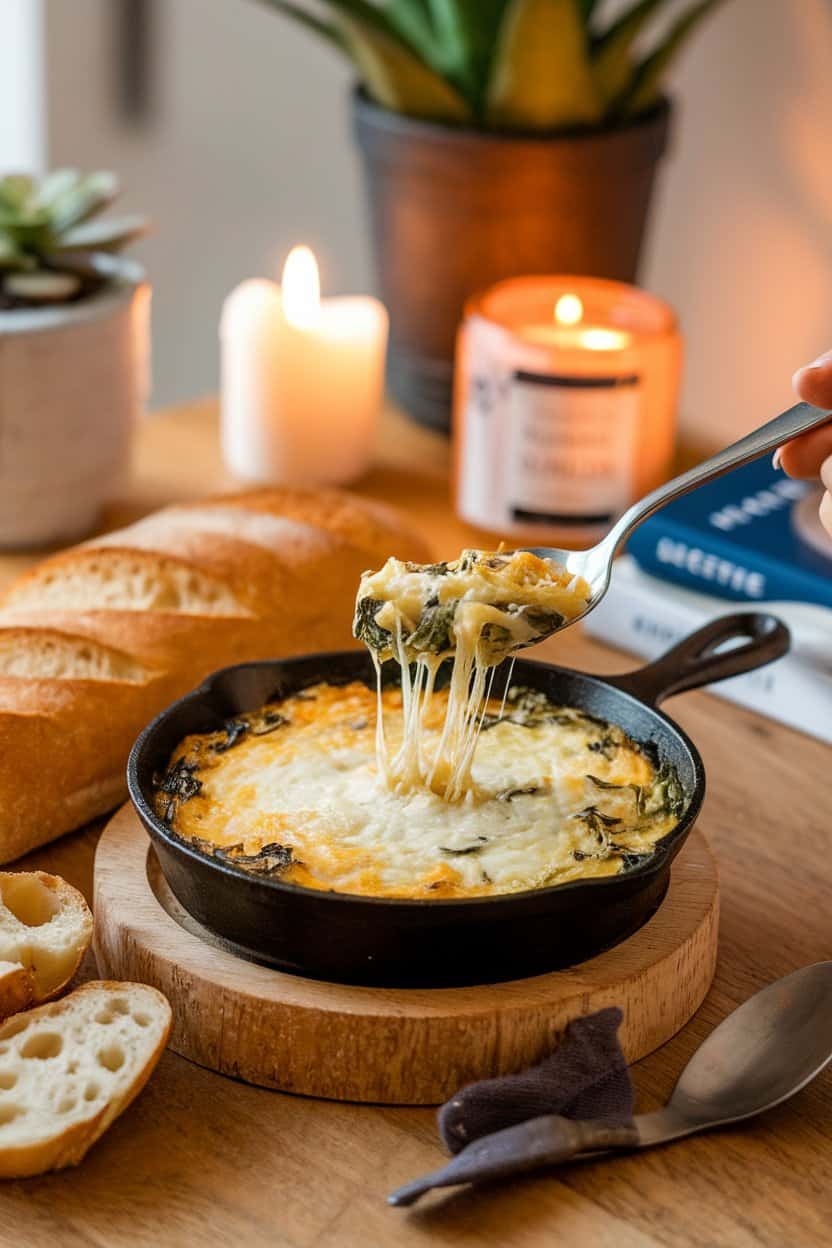 An indoor coffee table scene featuring a small cast-iron skillet of bubbling spinach-artichoke dip, a spoon pulling a cheesy strand, sliced baguette on the side, no text or logos.