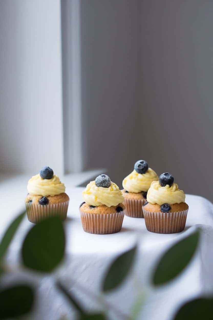 An indoor table by a window showing blueberry-studded cupcakes topped with yellow lemon buttercream and a sugared blueberry. No text or logos.