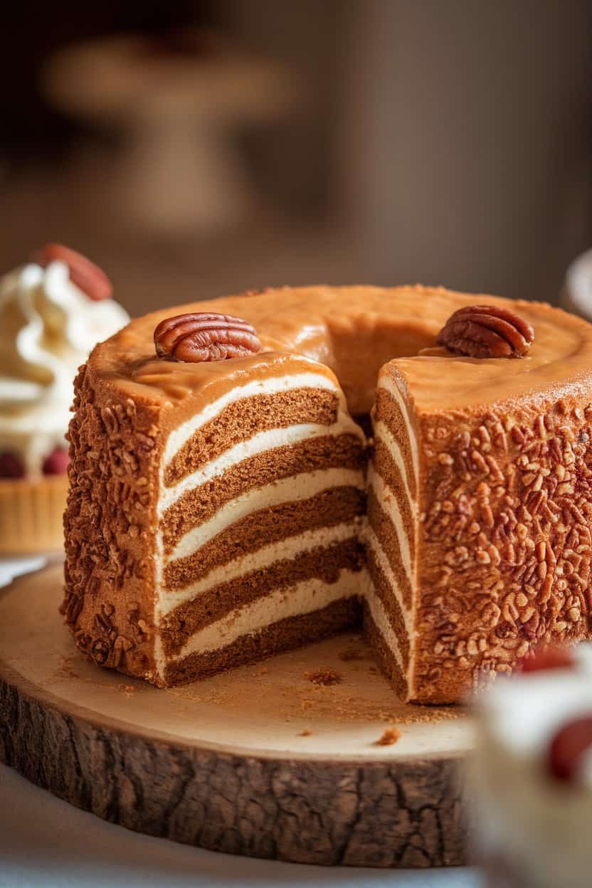 Photo of a cut King Cake revealing oozy pecan-praline cream inside, set on an indoor wooden board under soft lighting. No text or logos.