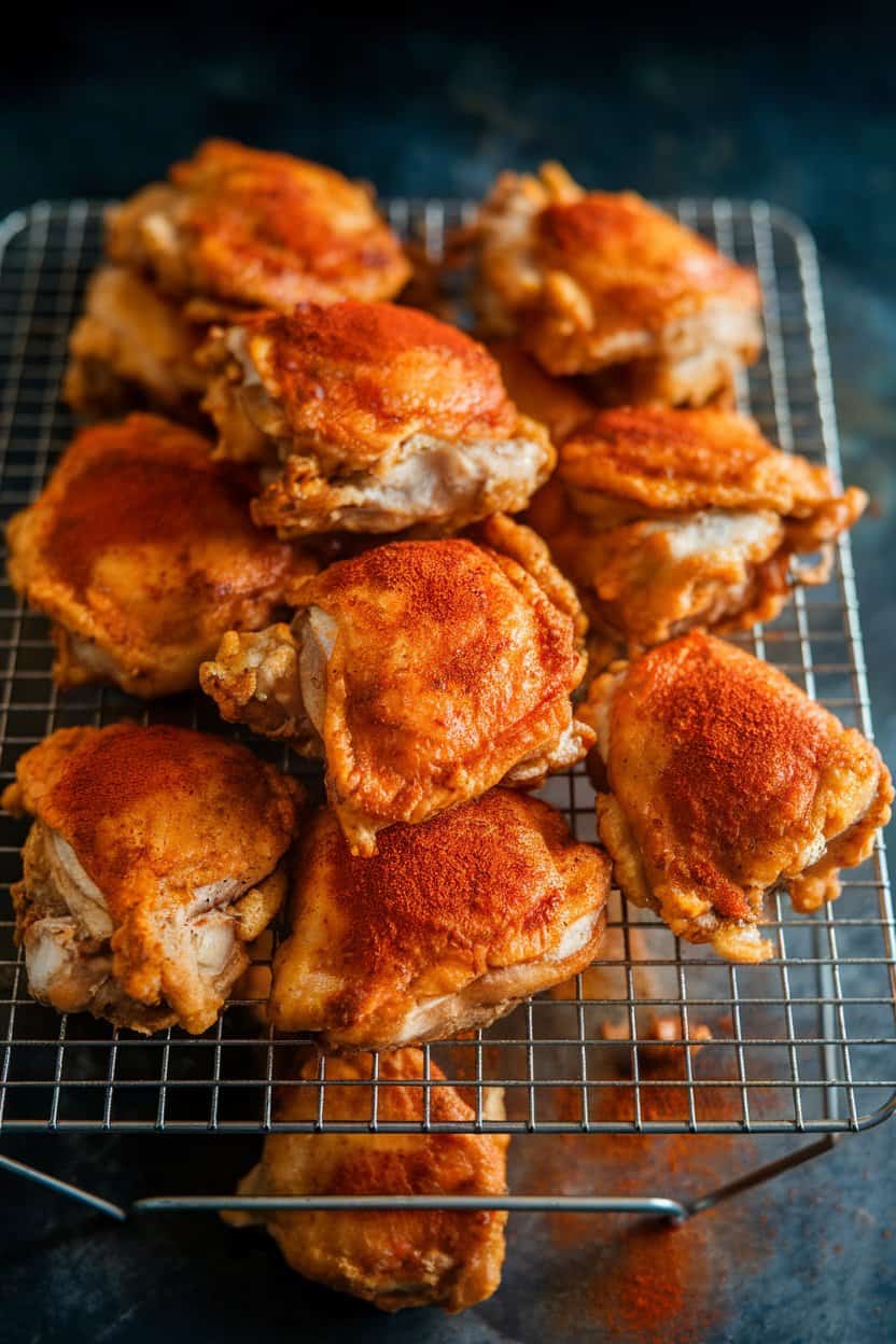 Indoor countertop displaying a wire rack piled with crunchy, golden air-fried chicken thighs dusted in smoked paprika. Photo only, no text or brand markings.