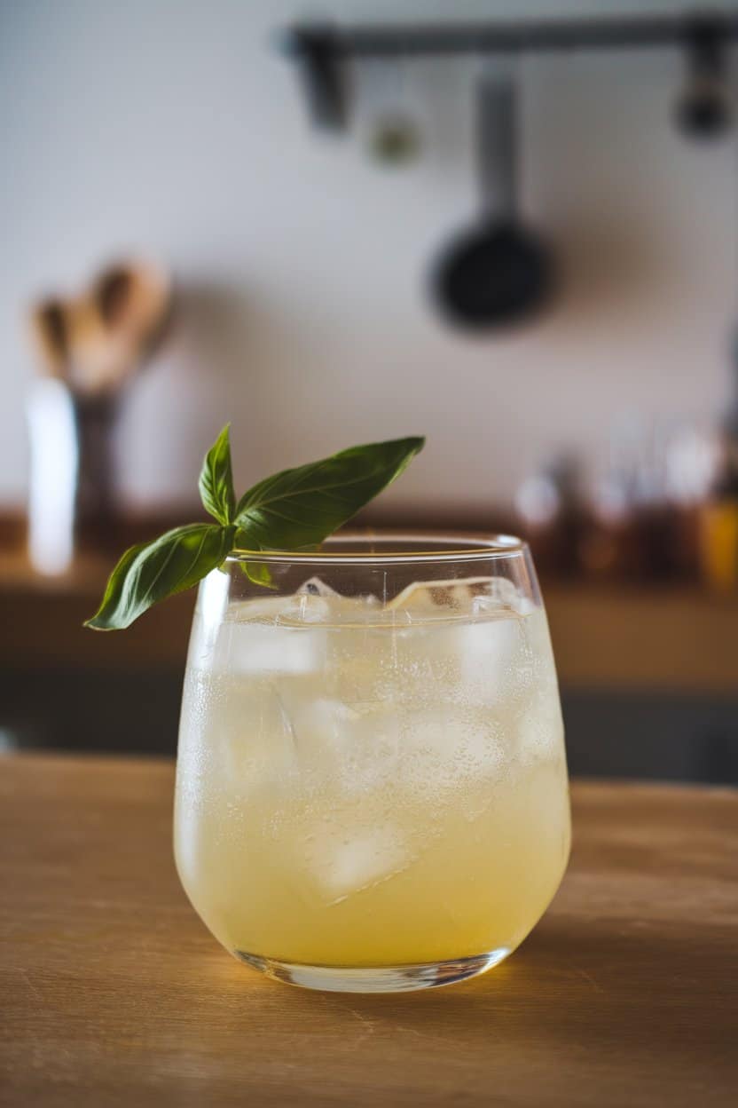 Indoor kitchen scene with a clear glass of pale yellow mocktail, Thai basil leaf garnish, and visible ice cubes. No text or logos. Photo only.