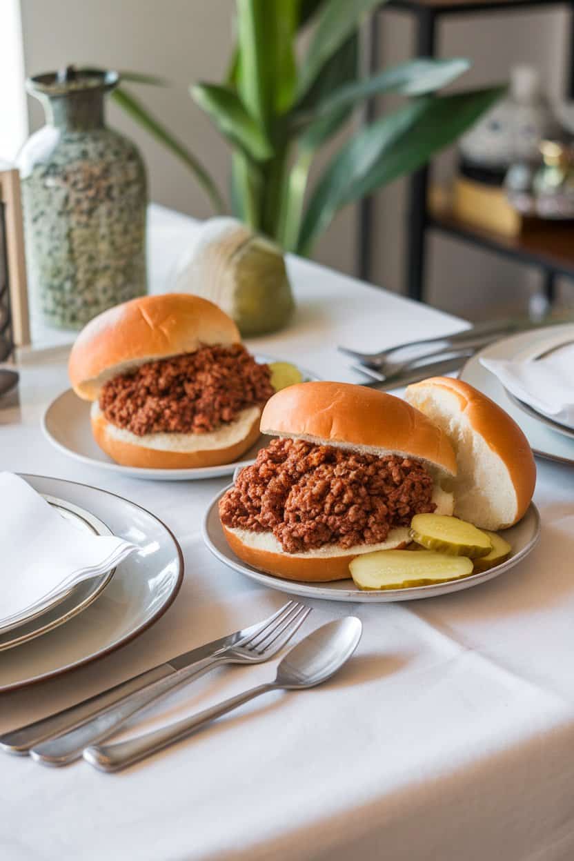 A casual indoor dinner table featuring brioche buns overflowing with saucy ground beef, a few pickle chips on the side. No text or logos.