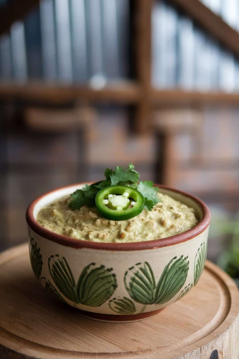 A ceramic bowl indoors filled with pale green chili, topped with sliced jalapeños and cilantro, no text or logos.