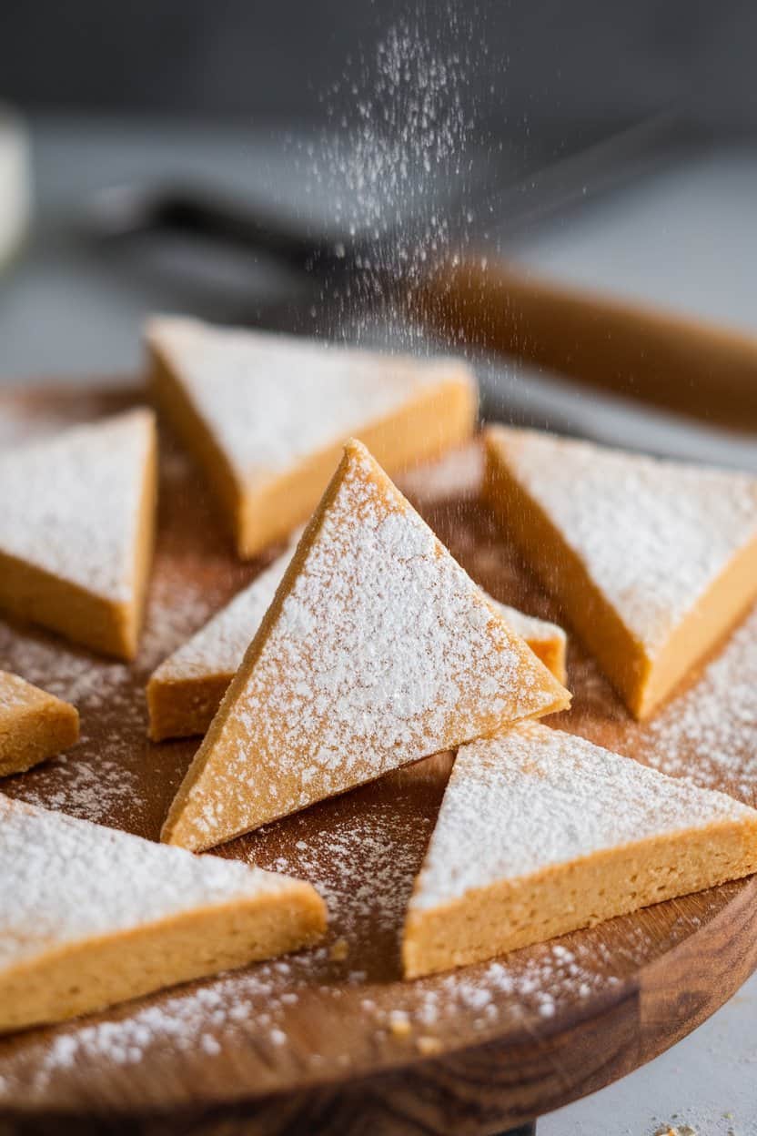 Indoor shot of triangular almond flour vegan shortbread pieces on a wooden board, light dusting of powdered sugar, no text or logos