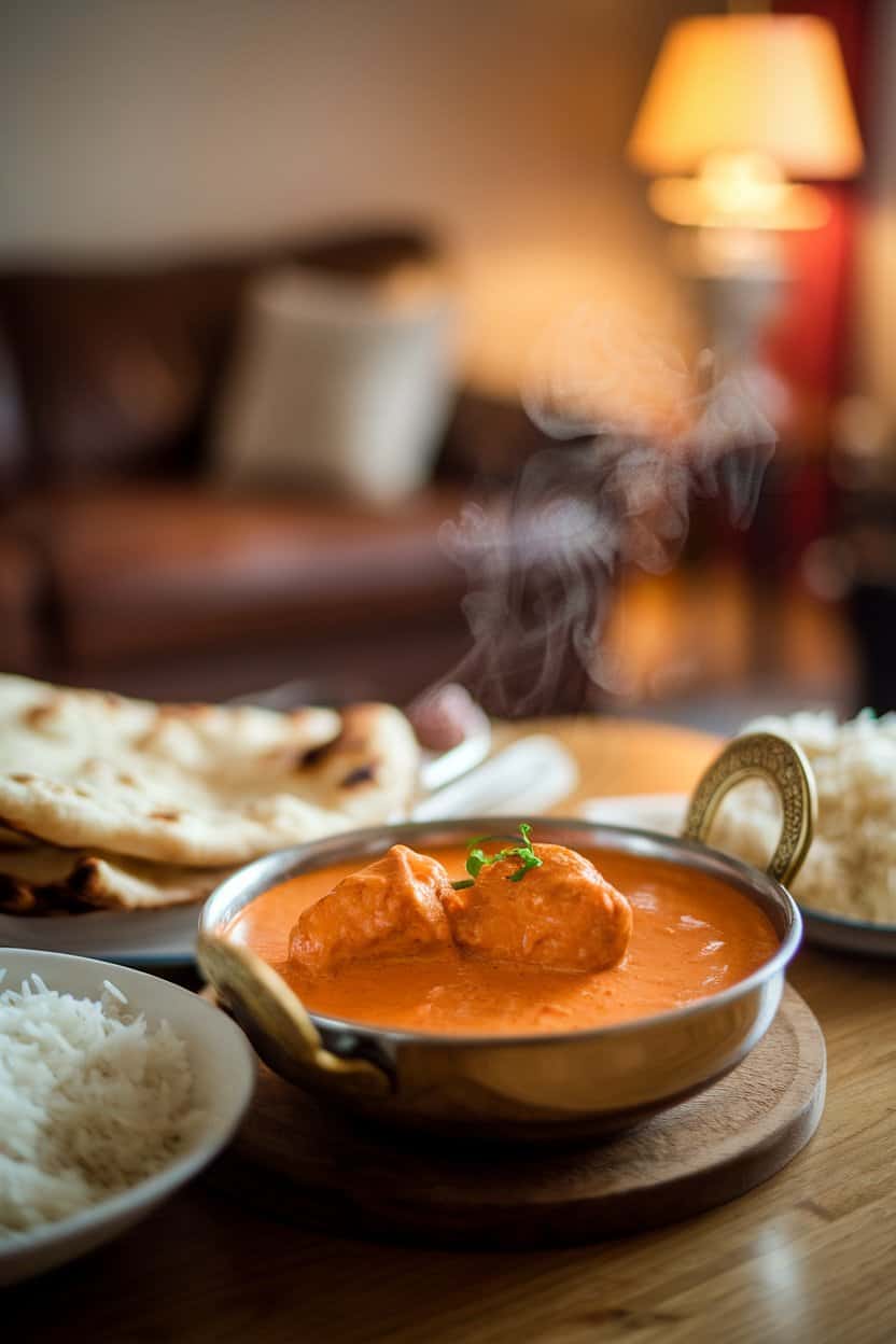 An indoor dining table with a bowl of creamy orange chicken tikka masala, steam rising, naan and rice nearby, no text or logos visible.