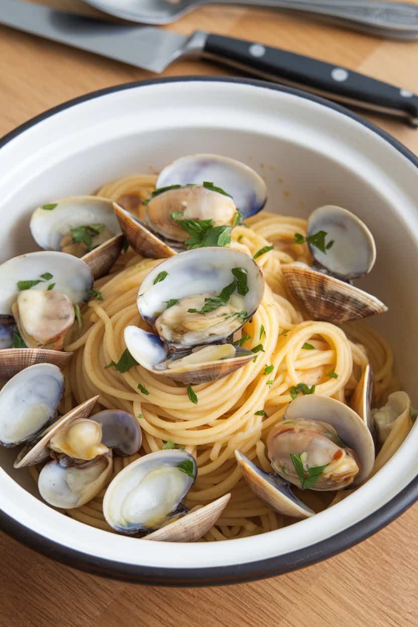 Indoor photo of a serving bowl of spaghetti studded with cooked clams in shells, slicked with garlic-white wine sauce and parsley. No text or logos.