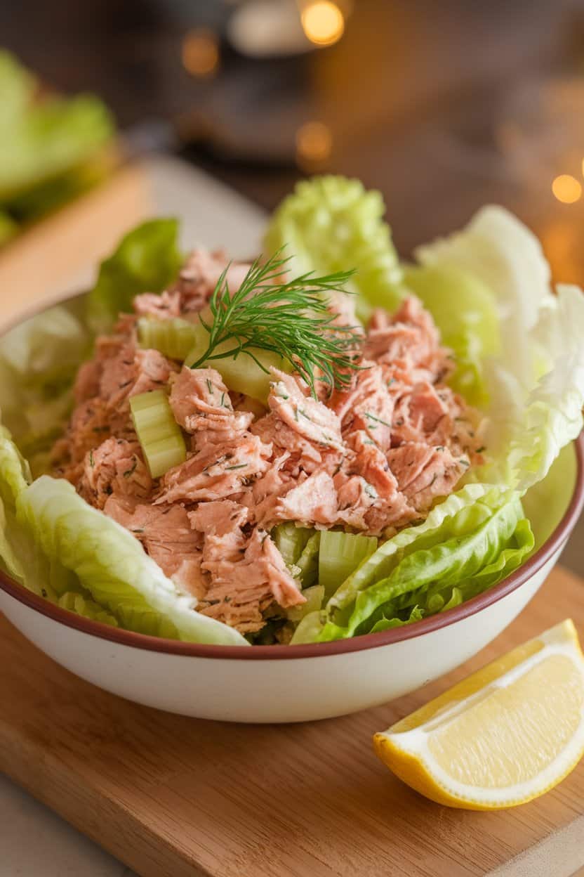 Indoor photo of romaine leaves filled with light tuna salad dotted with celery and dill, lemon wedge nearby; countertop lighting, no text or logos