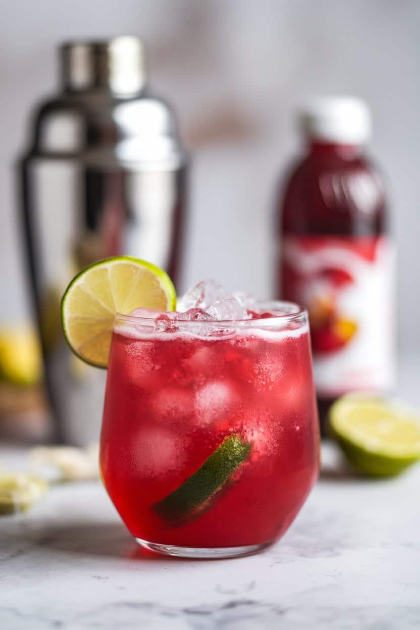 Photo of an indoor cocktail glass filled with vibrant red cranberry mocktail topped with crushed ice and a lime wheel; background softly blurred; no text or logos.