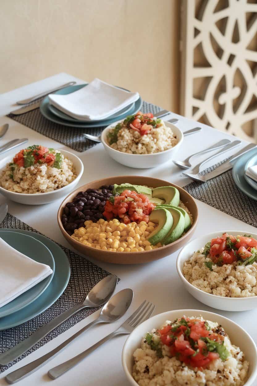 An indoor dining table with bowls of seasoned cauliflower rice topped with black beans, corn, avocado slices, and salsa. No text or logos; photo only.