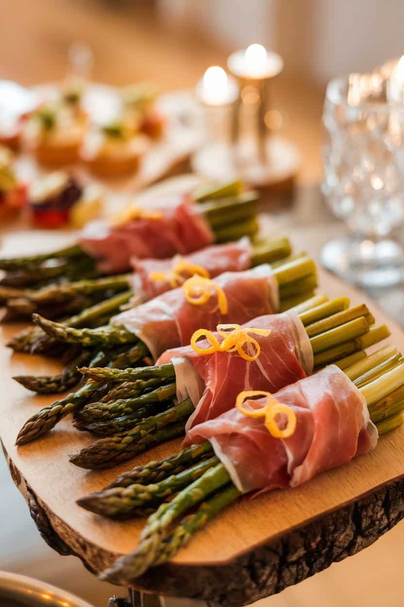 An indoor appetizer platter with bundles of roasted asparagus spears wrapped in crisped prosciutto, lemon zest scattered on top. No logos or text; photo.