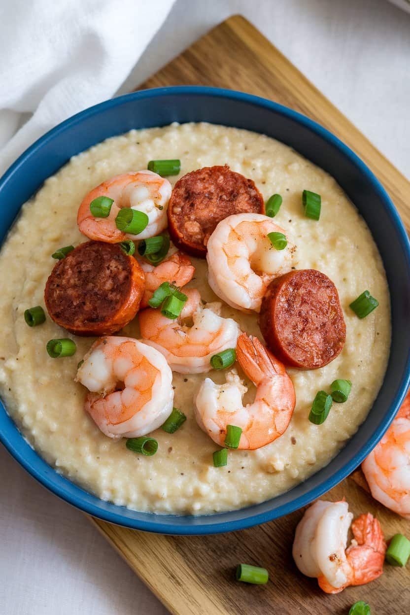 Indoor photo of creamy grits topped with cooked shrimp and slices of browned Andouille sausage, sprinkled with scallions, no text or logos