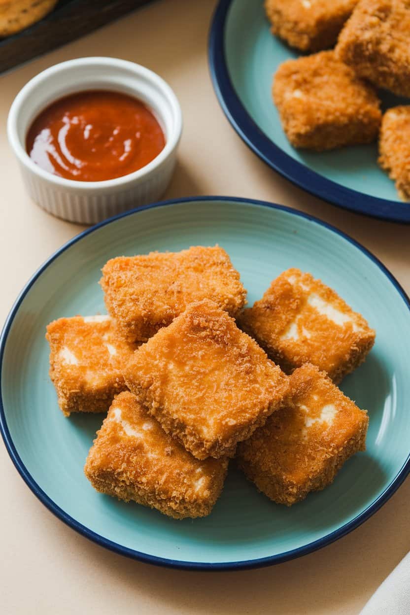 Indoor photo of breaded tofu nuggets arranged beside a ramekin of sweet chili sauce. No text or logos.