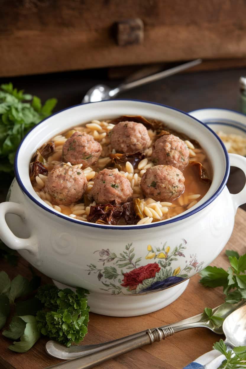 Indoor photo of Italian wedding soup with mini meatballs, escarole, and orzo pasta in a white porcelain tureen. No text or logos.