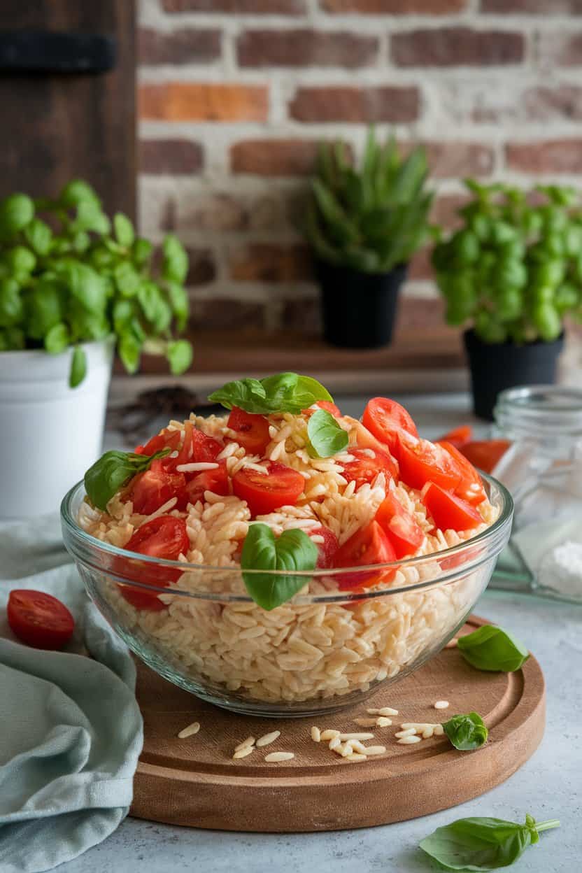 Photo of an indoor serving bowl filled with chilled orzo pasta, halved grape tomatoes, chopped basil, and a light olive-oil dressing. No text or logos present.