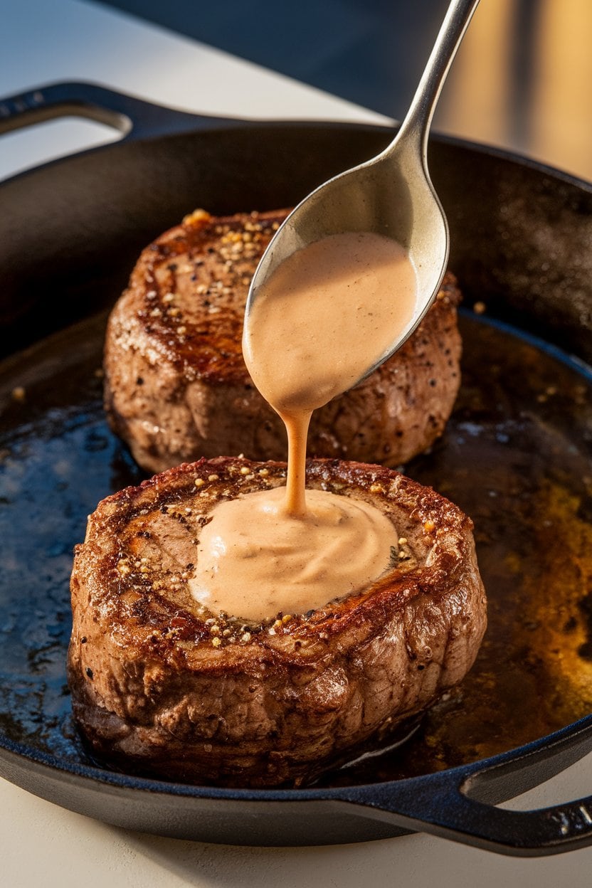 Indoor photo of two pepper-crusted filet mignon steaks resting in a cast-iron skillet, creamy cognac sauce spooned over the top, soft evening light, no text or logos