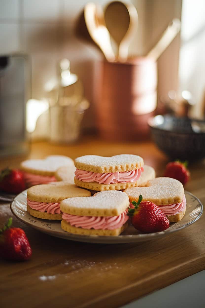 A warmly lit indoor kitchen counter displaying a plate of heart-shaped sandwich cookies filled with pink strawberry buttercream. A few fresh strawberries rest nearby, and light sugar dusting is visible on the cookies. No text or logos in the scene; photo, not illustration.