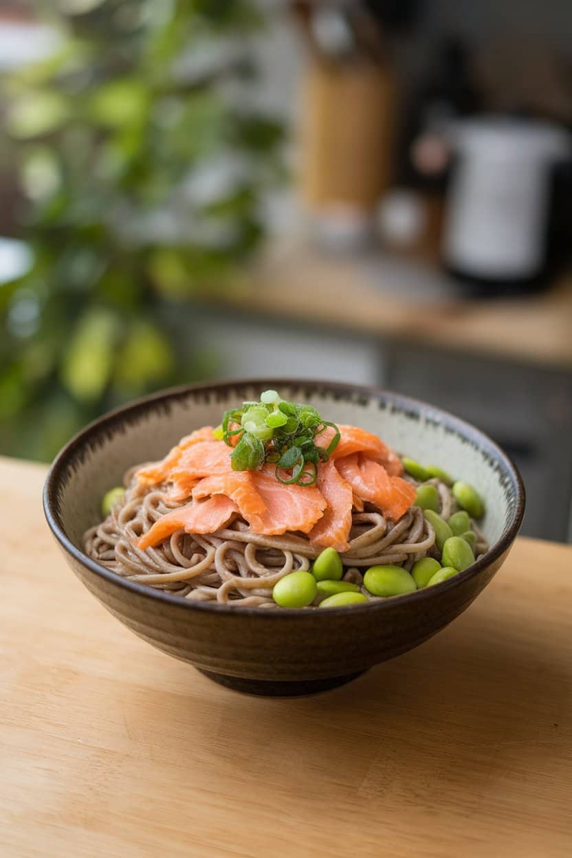 Photo of an indoor bowl containing soba noodles, flaked salmon, edamame, and sesame dressing topped with scallions. No text or logos.