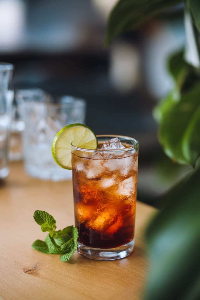 Indoor photo of a highball glass containing dark amber tamarind drink with crushed ice and a thin lime slice; no text or logos.