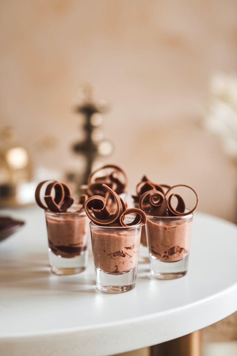 Indoor photo of small shot glasses filled with airy chocolate mousse, topped with shaved chocolate curls, no text or logos.