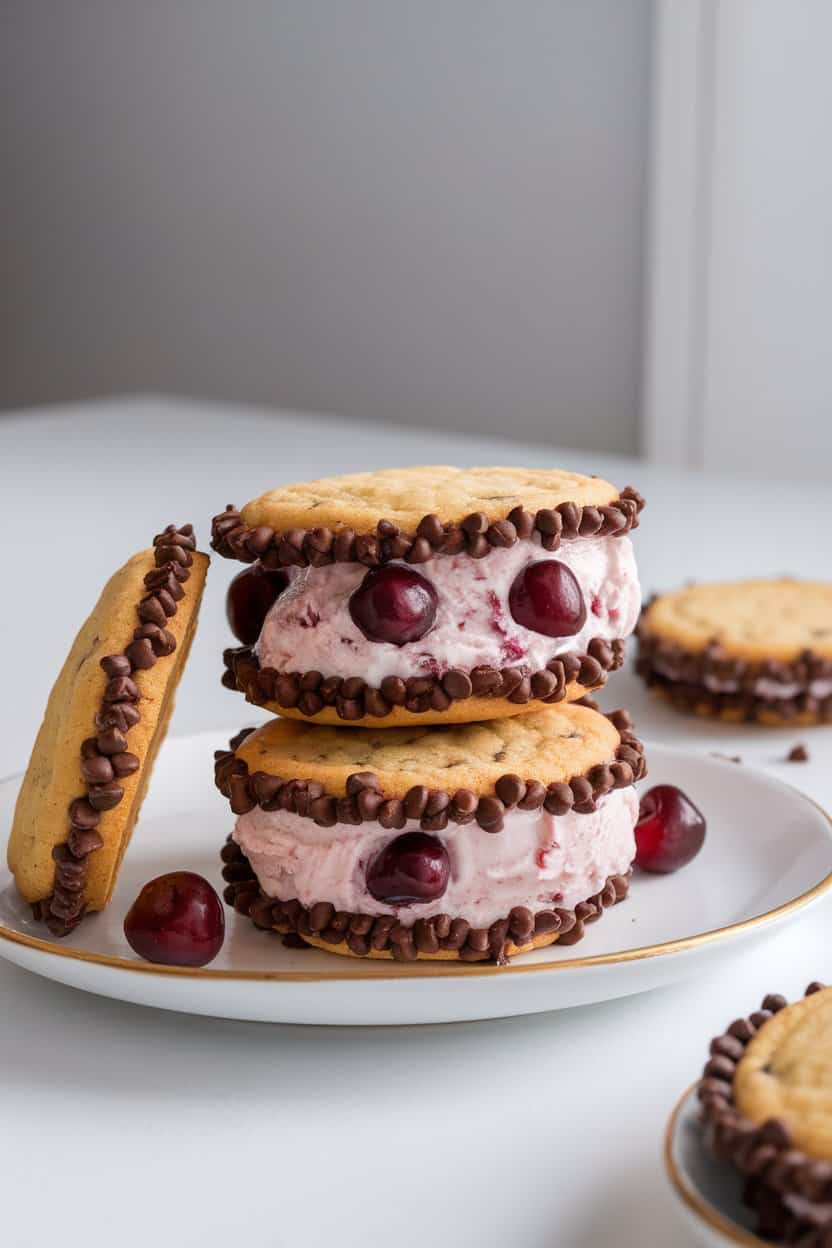 An indoor dessert plate holding two cherry ice cream sandwiches between chocolate chip cookies, edges rolled in mini chips. No visible logos.