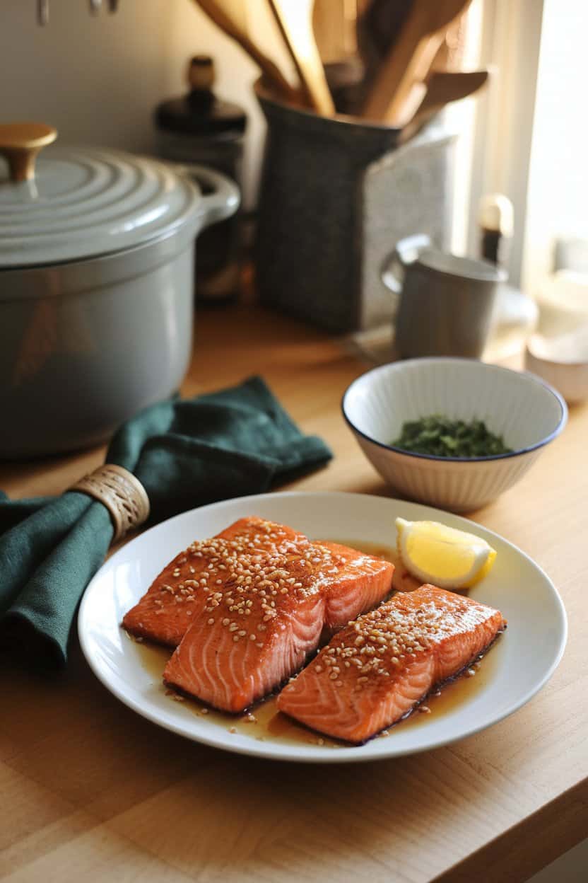 Photo of a warmly lit indoor kitchen table with a white plate holding seared salmon fillets coated in a shiny honey-garlic glaze, sprinkled with sesame seeds and a lemon wedge on the side. No text or logos in view.