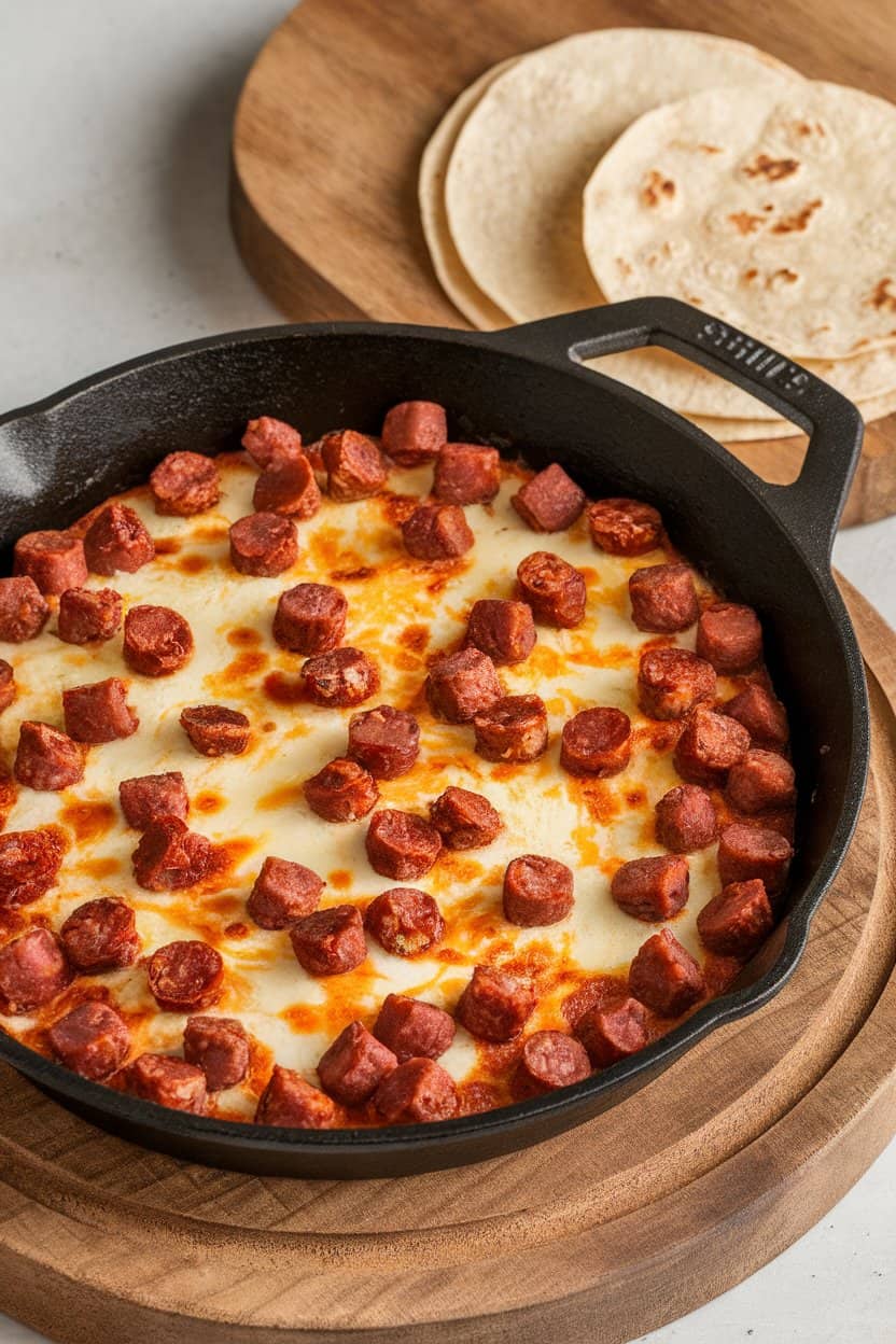 A cast-iron skillet indoors filled with molten cheese studded with chorizo, served with warm tortillas nearby. No text or branding in view.