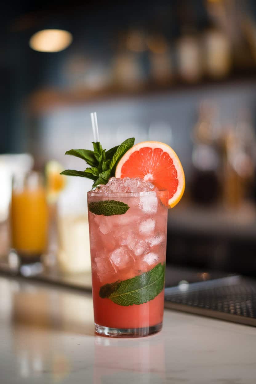 Photo of an indoor bar counter featuring a tall glass of ruby grapefruit mojito mocktail, muddled mint visible, crushed ice mound, no text or logos.