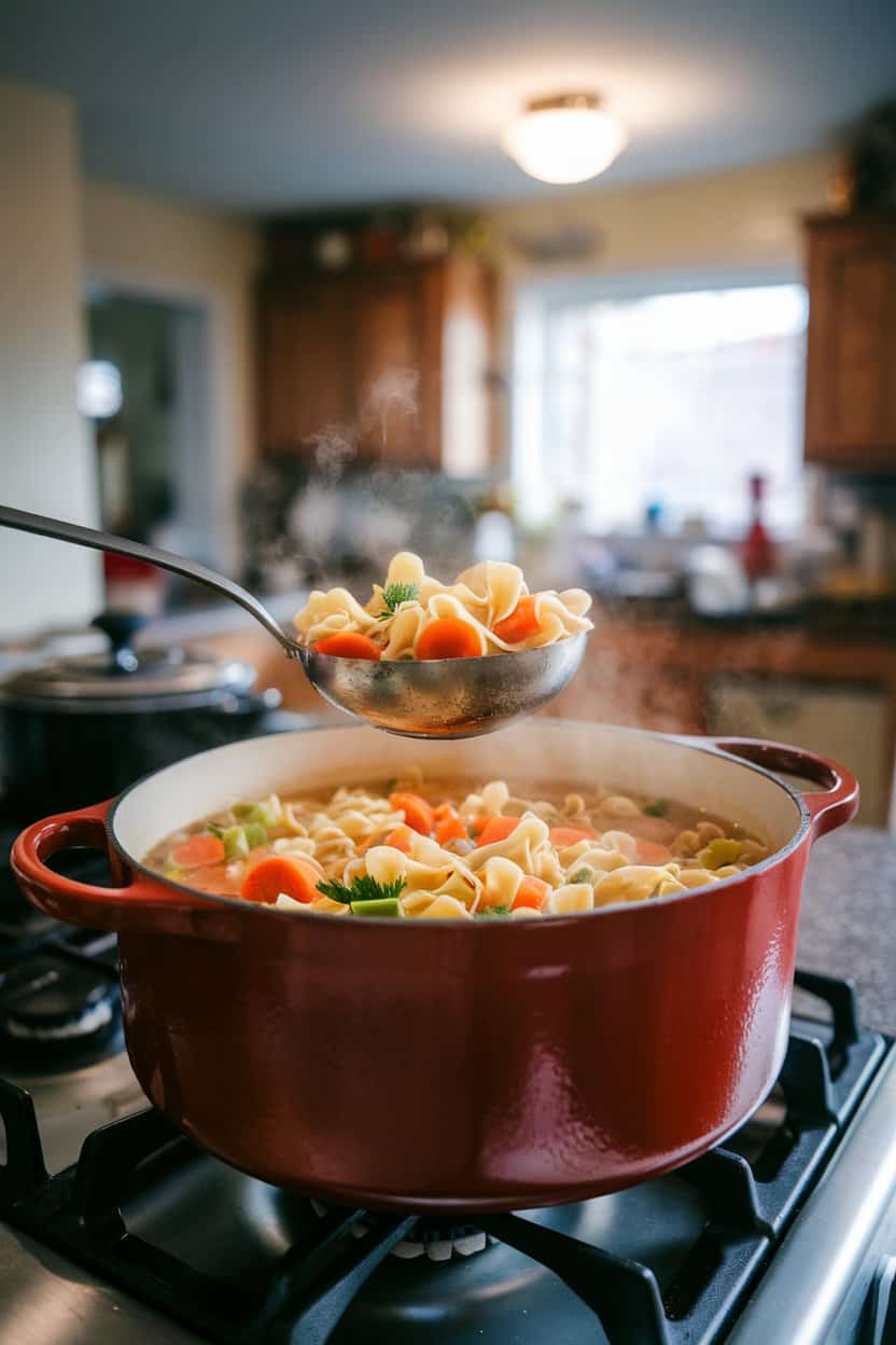 An indoor stovetop scene featuring a ladle lifting steaming chicken noodle soup from a Dutch oven; carrots, celery, and egg noodles clearly visible, no text or logos.