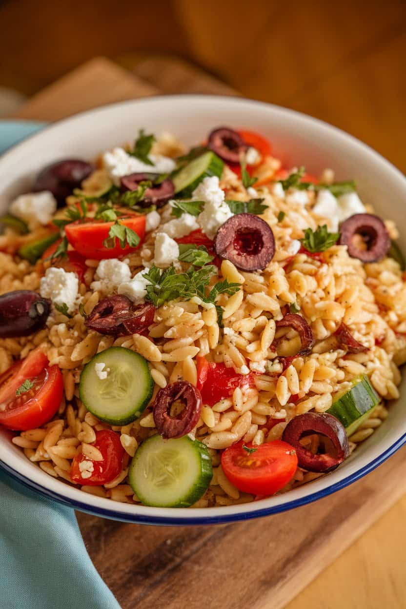 An indoor serving bowl of whole-wheat orzo tossed with cucumber, cherry tomatoes, olives, and crumbled feta, parsley sprinkled on top. Overhead, no text or logos. Photo only.