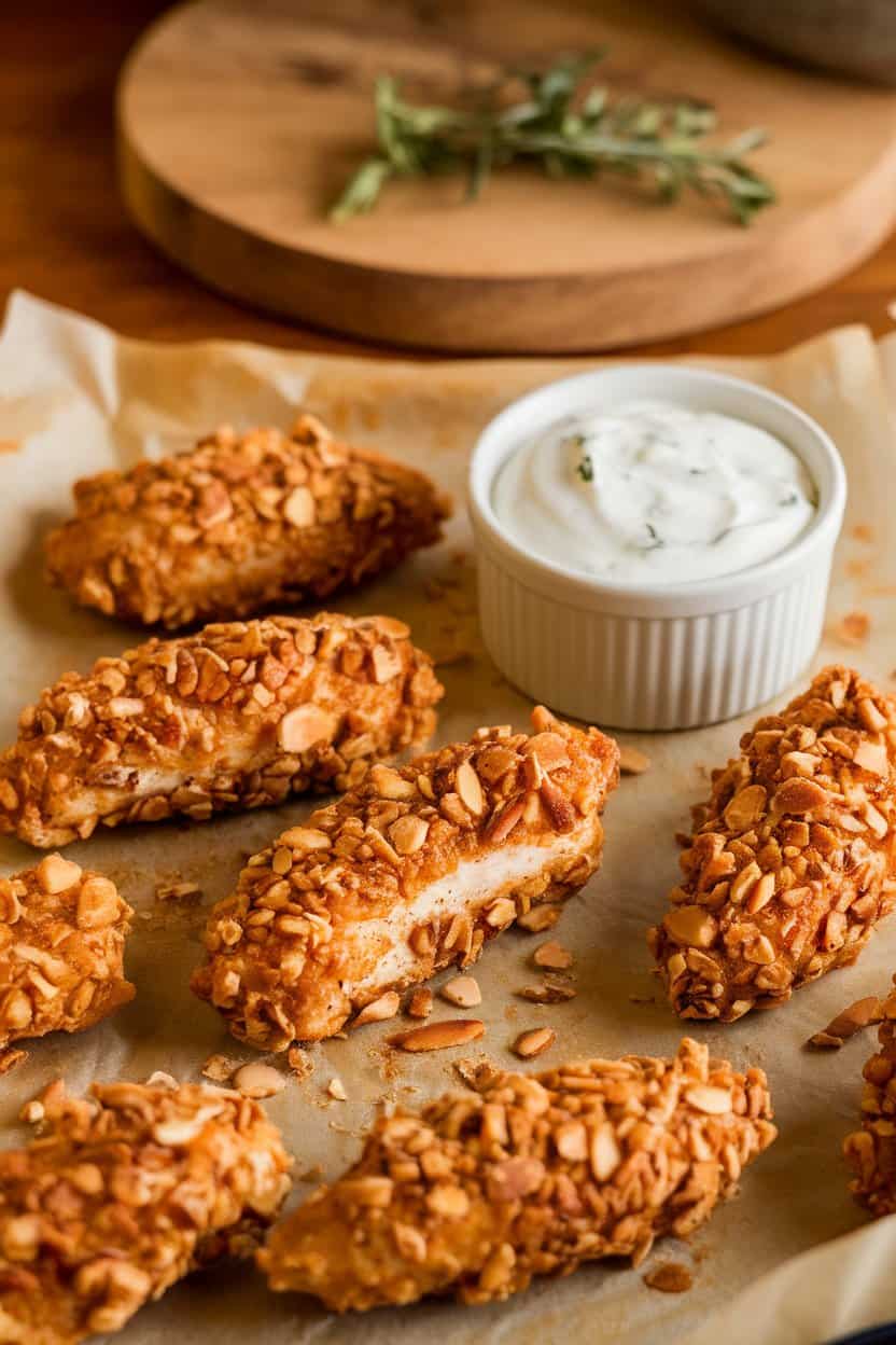 Indoor photo of baked chicken tenders coated in crushed almonds, arranged on parchment with a small ramekin of yogurt dip; no text or logos
